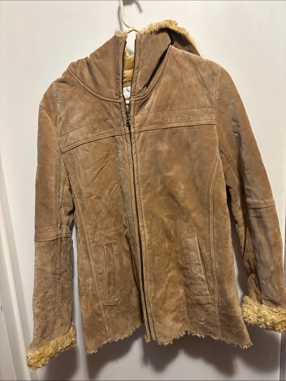 Jones Wear Tan Suede Hooded Shearling-Trim Jacket